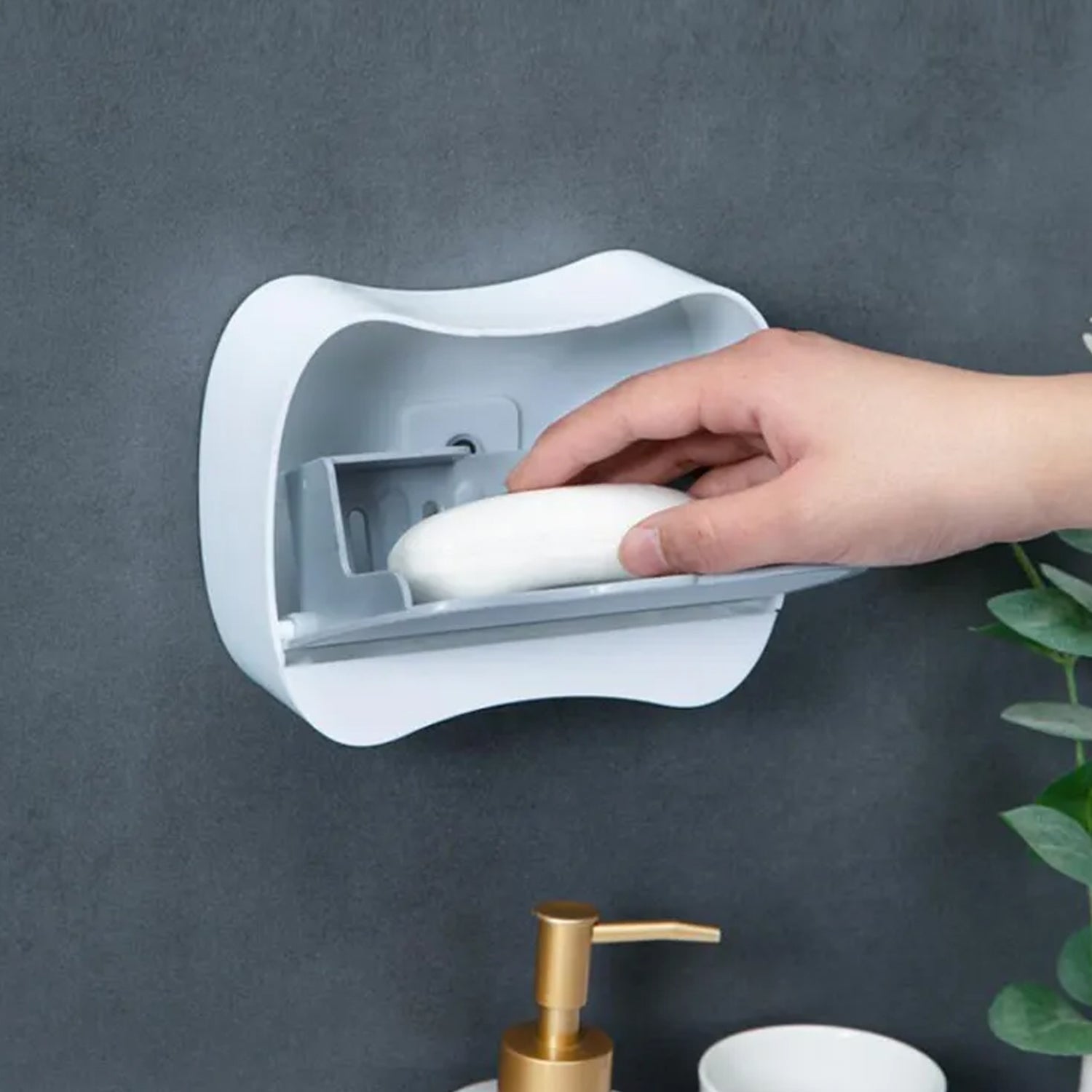 Close-up of wall-mounted soap box showing drain and flip-type lid. Close-up of wall-mounted soap box showing drain and flip-type lid.